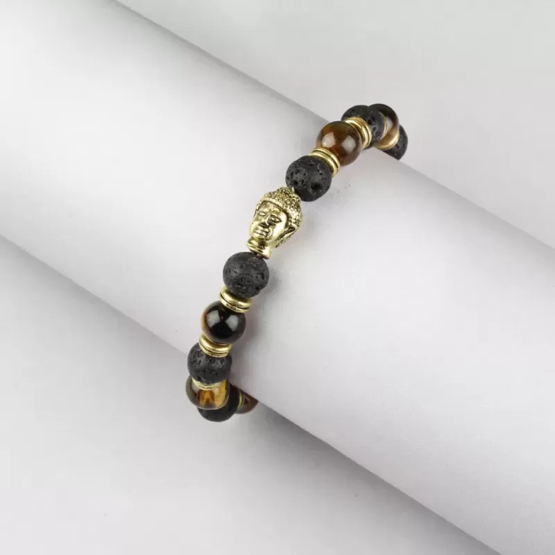 Браслет Everiot STB-MJ-1746 из камня тигровый глаз и лавы с головой Будды