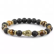 Браслет Everiot STB-MJ-1746 из камня тигровый глаз и лавы с головой Будды