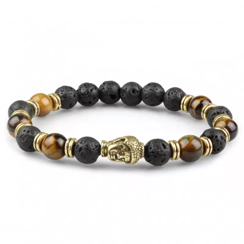 Браслет Everiot STB-MJ-1746 из камня тигровый глаз и лавы с головой Будды