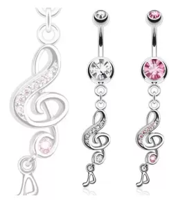 Серьга банан для пирсинга пупка PiercedFish NSB2101 в форме скрипичного ключа с фианитами