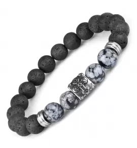 Черный мужской браслет из лавы и снежного обсидиана на резинке с крестами Everiot Select LNS-2112