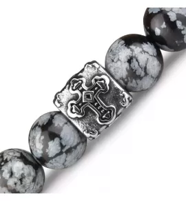 Черный мужской браслет из лавы и снежного обсидиана на резинке с крестами Everiot Select LNS-2112