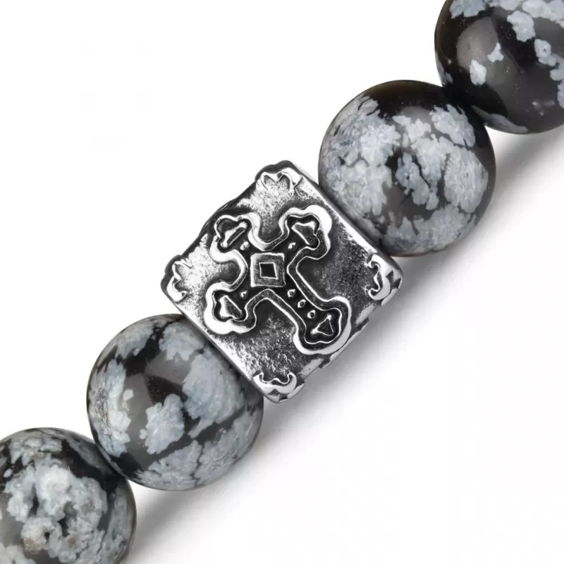 Черный мужской браслет из лавы и снежного обсидиана на резинке с крестами Everiot Select LNS-2112