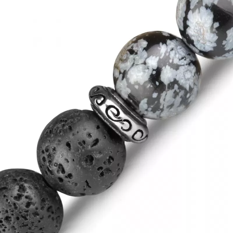 Черный мужской браслет из лавы и снежного обсидиана на резинке с крестами Everiot Select LNS-2112