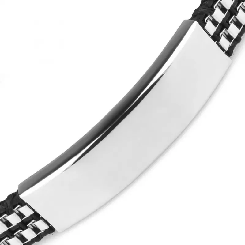 Жесткий браслет из стали и кожи мужской Everiot SB-ZS-8938 с пластиной для гравировки