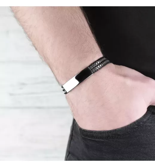 Жесткий браслет из стали и кожи мужской Everiot SB-ZS-8938 с пластиной для гравировки