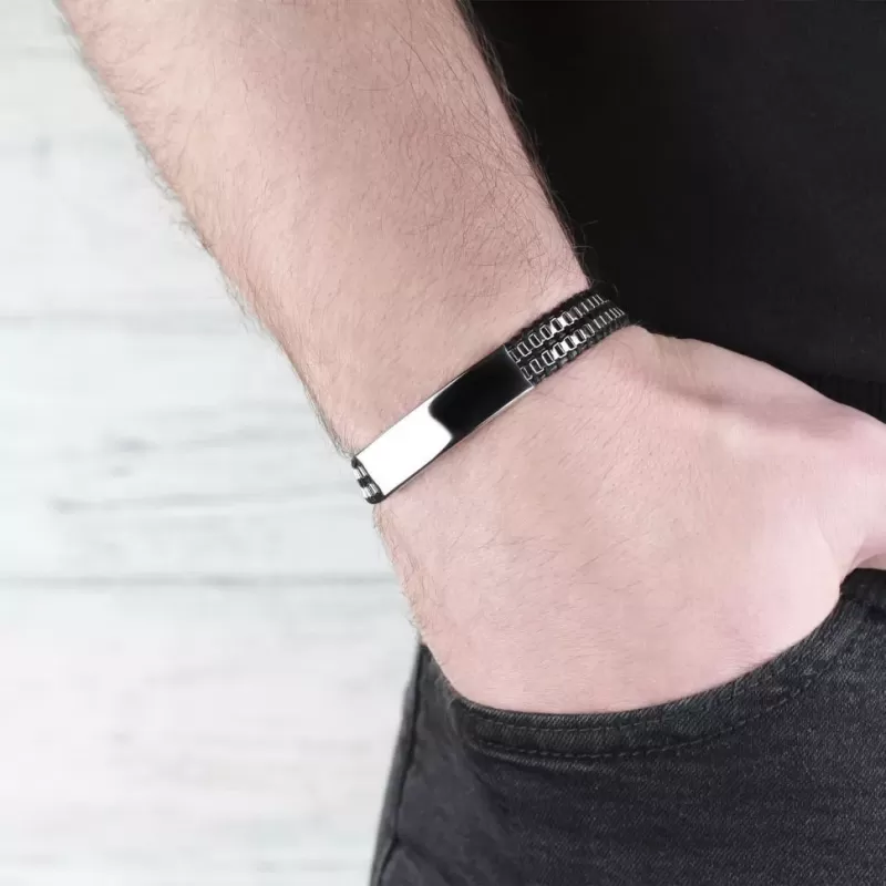 Жесткий браслет из стали и кожи мужской Everiot SB-ZS-8938 с пластиной для гравировки