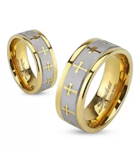 Кольцо из стали Spikes R-S1419, с золотистой каемкой и крестами