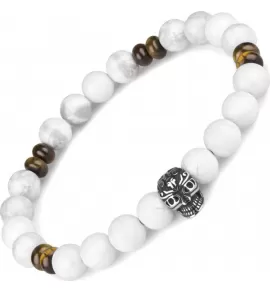 Браслет мужской из кахолонга и камня тигровый глаз на резинке Everiot Select LNS-2062 с черепом