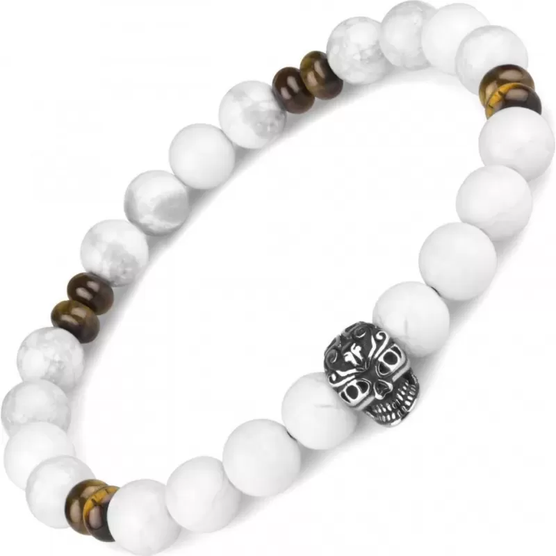 Браслет мужской из кахолонга и камня тигровый глаз на резинке Everiot Select LNS-2062 с черепом