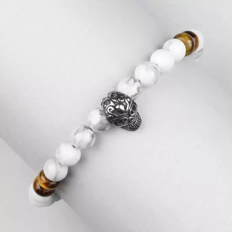 Браслет мужской из кахолонга и камня тигровый глаз на резинке Everiot Select LNS-2062 с черепом