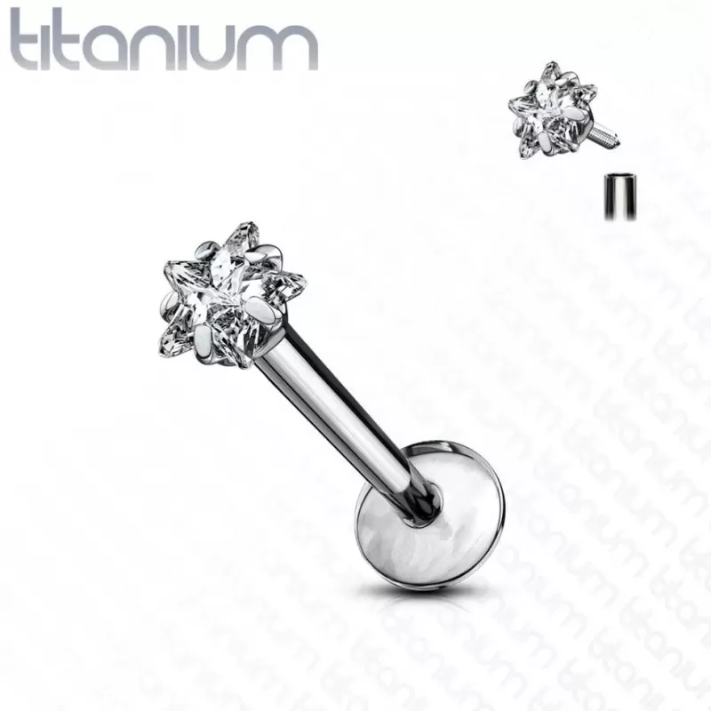 Серьга лабрет из титана для пирсинга губ, уха Pirslab T23LI5 с фианитом в форме звездочки