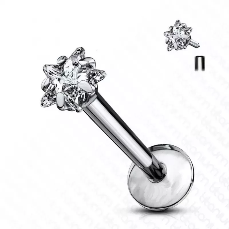 Серьга лабрет из титана для пирсинга губ, уха Pirslab T23LI5 с фианитом в форме звездочки
