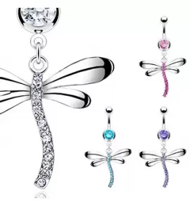 Серьга для пирсинга пупка PiercedFish NAL10421 с фианитами и стрекозой