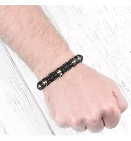 Мужской браслет Шамбала из лавового камня и пирита Everiot Select LNS-2192 с черепом