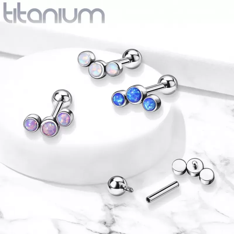 Титановая серьга штанга для пирсинга хряща уха Pirslab TIJ07-OP05 накрутка кластер с опалом