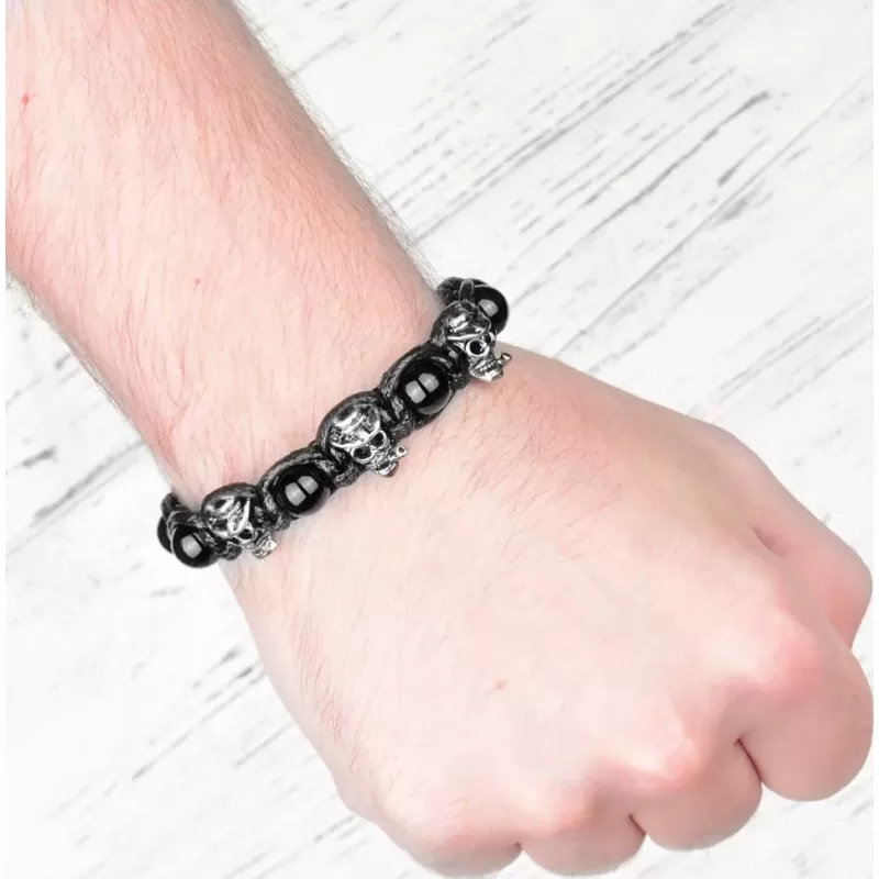 Мужской плетеный браслет Шамбала Everiot Select LNS-2081 из черного агата с черепами