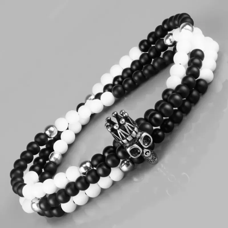 Браслет мужской в три оборота на резинке из агата и гематита Everiot Select LNS-2065 с черепом