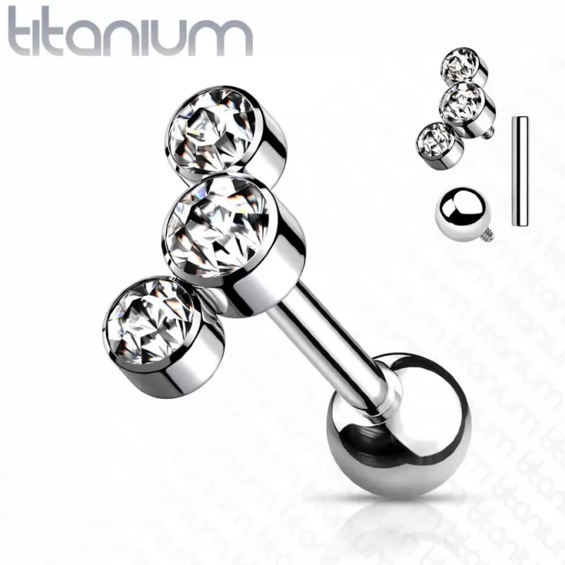 Титановая штанга для пирсинга хряща уха (хеликс, трагус) Pirslab TIJ06-C накрутка кластер с фианитами