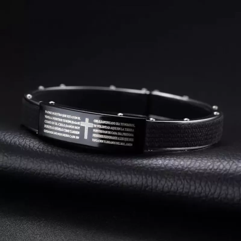 Мужской браслет из каучука Everiot PL-XP-1102 с пластиной и молитвой "Отче наш" на испанском языке