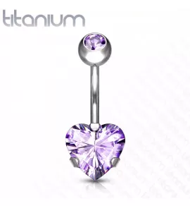 Титановая серьга-банан для пирсинга пупка Pirslab T23N10-TZ с фианитом в форме сердца