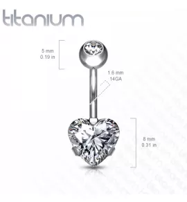 Титановая серьга-банан для пирсинга пупка Pirslab T23N10-TZ с фианитом в форме сердца