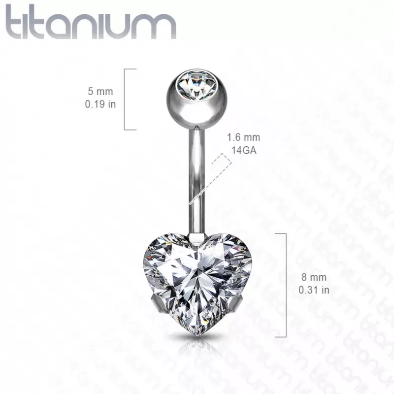 Титановая серьга-банан для пирсинга пупка Pirslab T23N10-TZ с фианитом в форме сердца