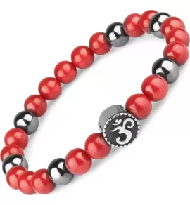 Браслет на резинке Everiot Select LNS-0280 из коралла и гематита со стальной бусиной "ОМ"