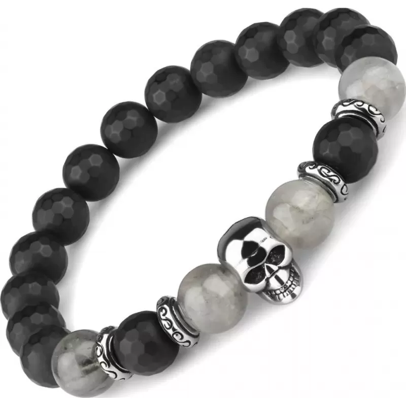 Мужской браслет на резинке из черного агата и кварца с черепом Everiot Select select LNS-2108