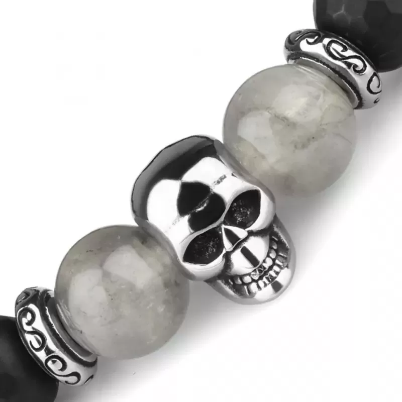 Мужской браслет на резинке из черного агата и кварца с черепом Everiot Select select LNS-2108