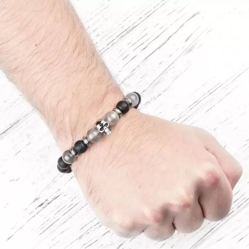 Мужской браслет на резинке из черного агата и кварца с черепом Everiot Select select LNS-2108