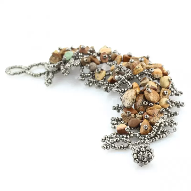 Браслет Indigo ING-1450 из песочной яшмы и серебристого бисера