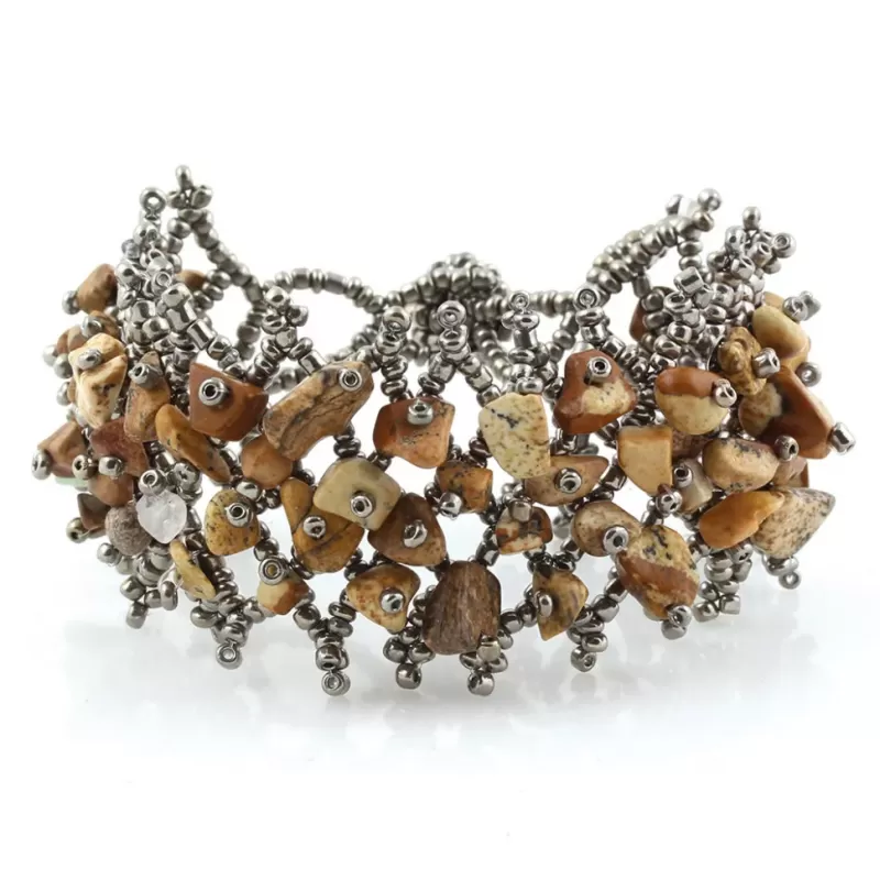 Браслет Indigo ING-1450 из песочной яшмы и серебристого бисера