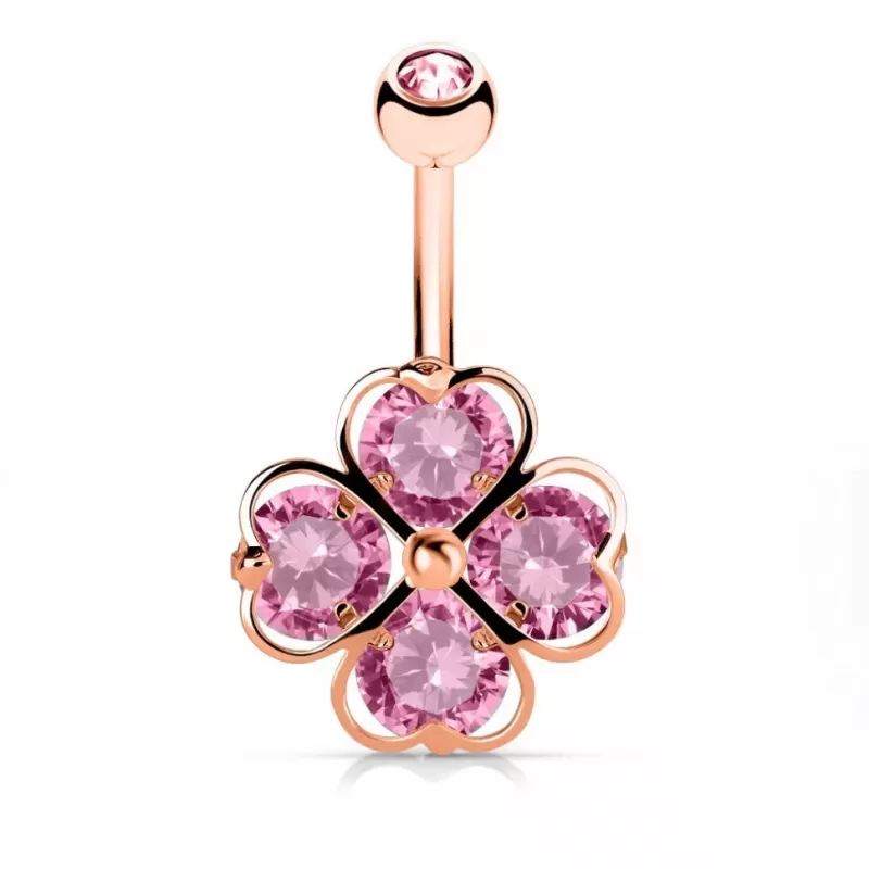 Серьга банан для пирсинга пупка PiercedFish N17327-RDP из стали с цветком и фианитами