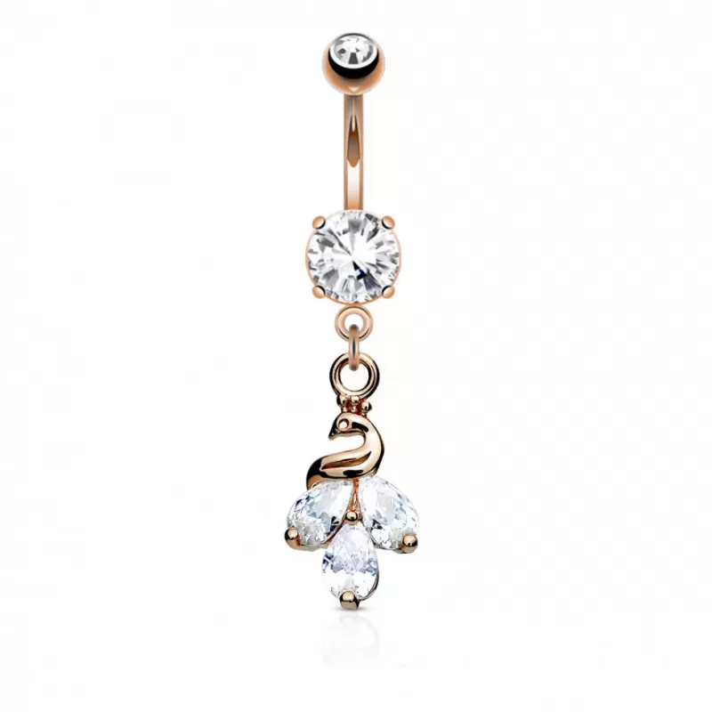 Серьга банан для пирсинга пупка с подвеской в форме павлина PiercedFish N18319 из стали с фианитами