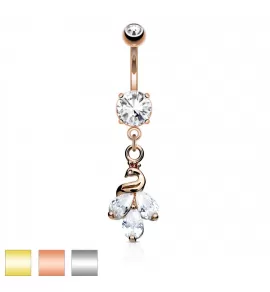 Серьга банан для пирсинга пупка с подвеской в форме павлина PiercedFish N18319 из стали с фианитами