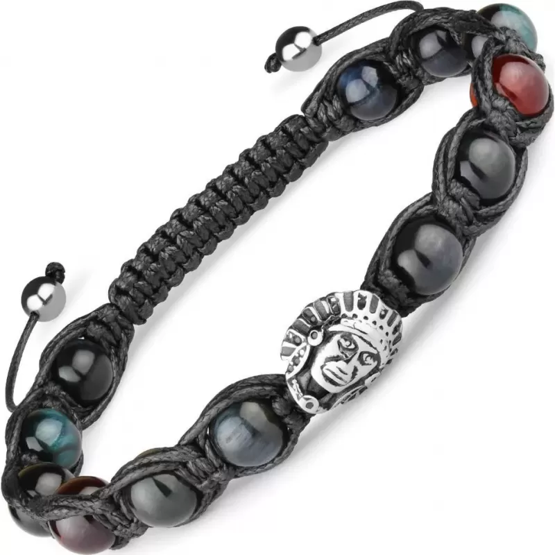 Браслет Шамбала из камней бычий и соколиный глаз Everiot Select LNS-2182 с шармом "Индеец"