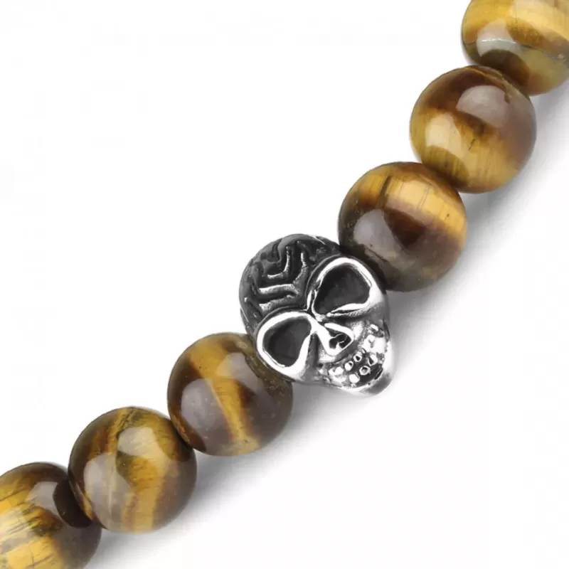 Мужской браслет Everiot STB-MJ-1726 из камня тигровый глаз с черепом