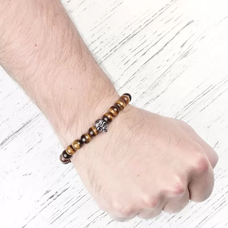 Мужской браслет Everiot STB-MJ-1726 из камня тигровый глаз с черепом