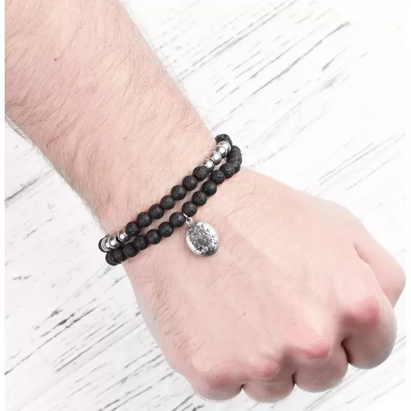 Браслет из лавы и гематита Everiot Select LNS-2196 c подвеской, Девой Марией и крестом