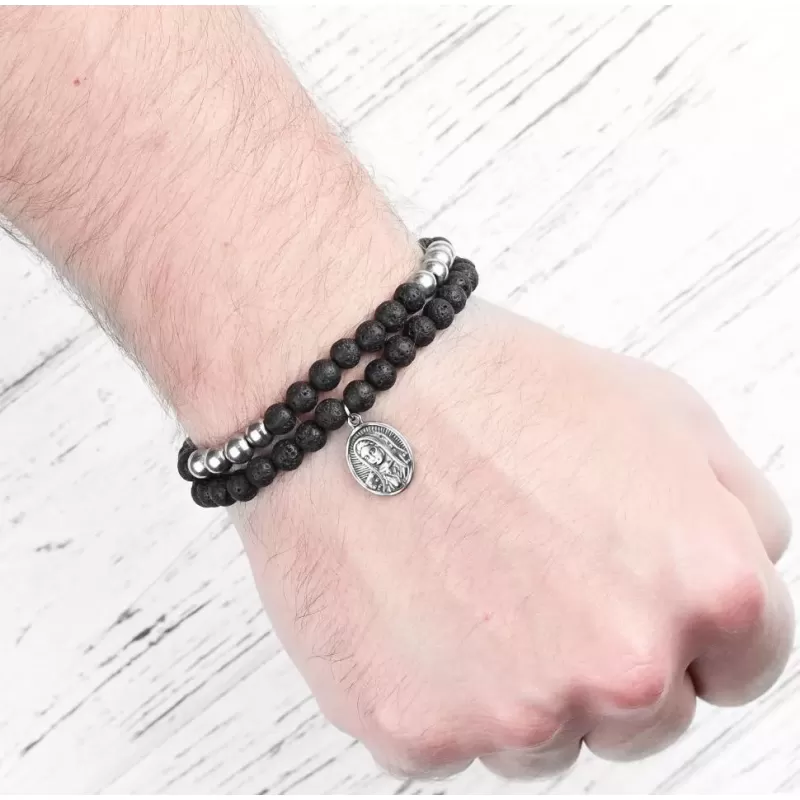 Браслет из лавы и гематита Everiot Select LNS-2196 c подвеской, Девой Марией и крестом