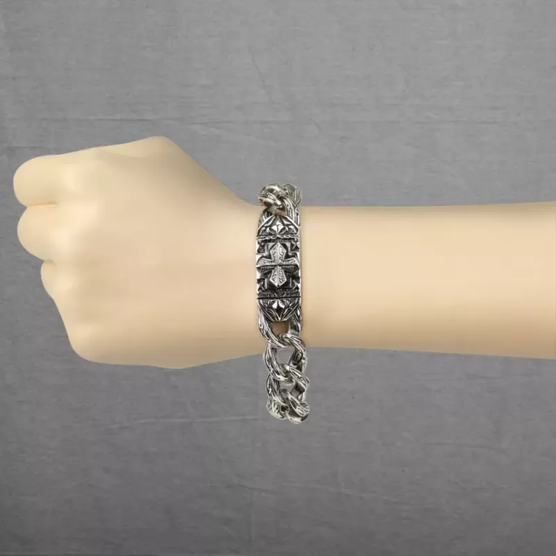 Мужской браслет-цепь Spikes SSBQ-3103 из стали с рельефными звеньями и крестом