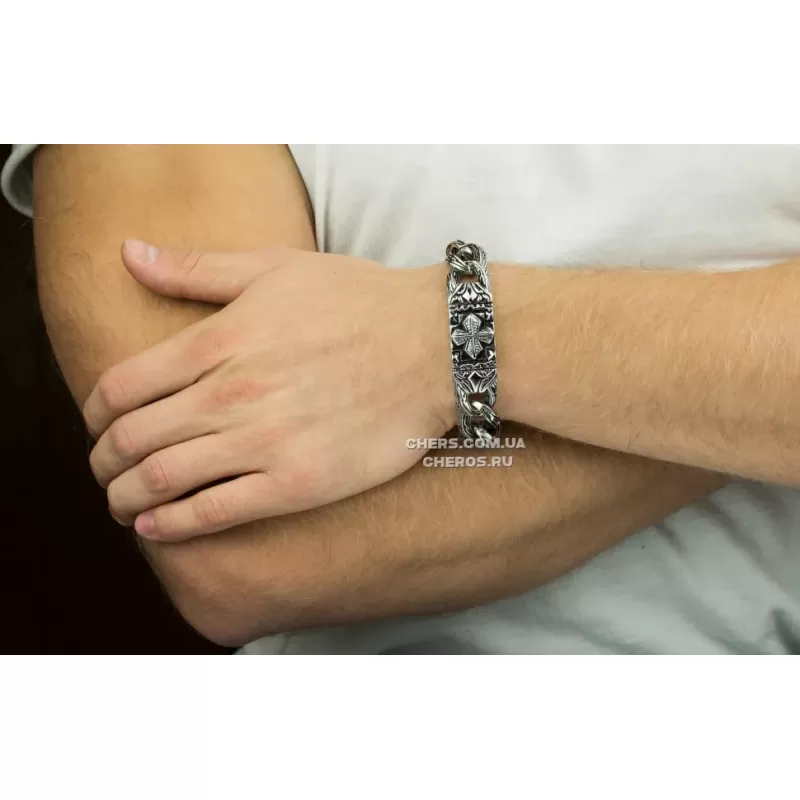 Мужской браслет-цепь Spikes SSBQ-3103 из стали с рельефными звеньями и крестом