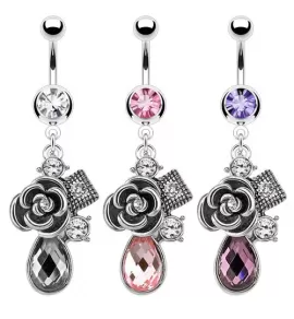 Серьга для пирсинга пупка PiercedFish NO-NAL13773 с розой и фианитами