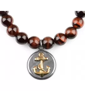 Мужской браслет Шамбала из камня бычий глаз Everiot Select LNS-2184-GD c якорем