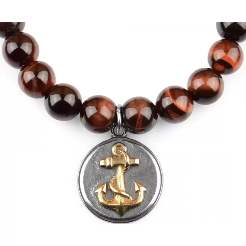 Мужской браслет Шамбала из камня бычий глаз Everiot Select LNS-2184-GD c якорем