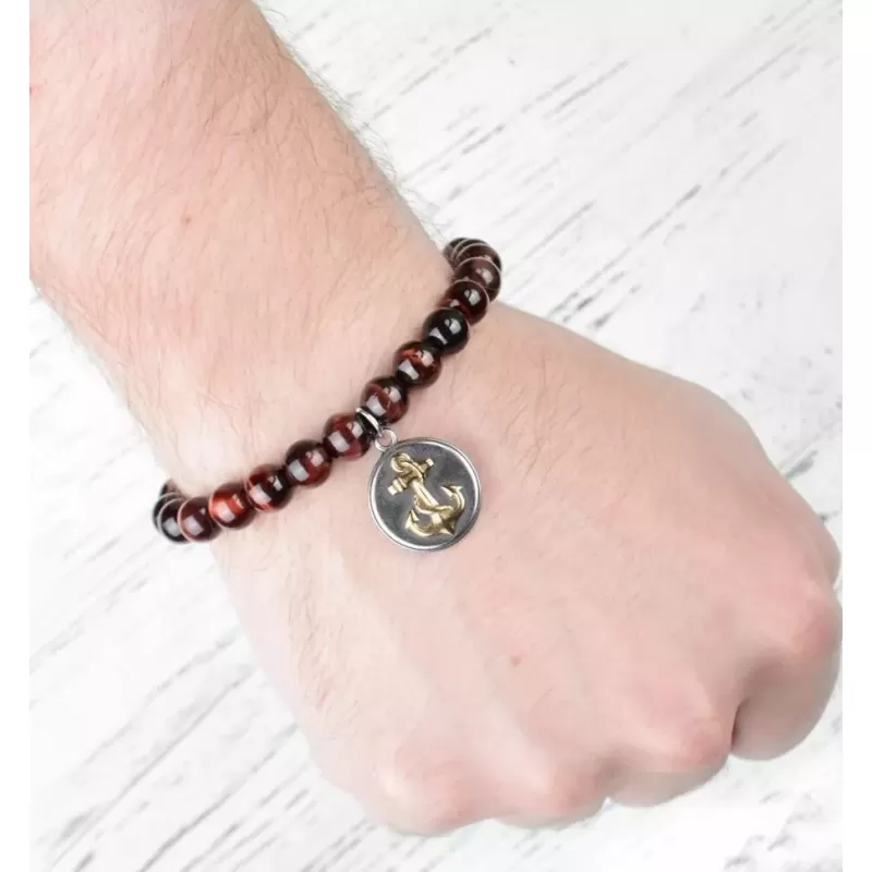 Мужской браслет Шамбала из камня бычий глаз Everiot Select LNS-2184-GD c якорем