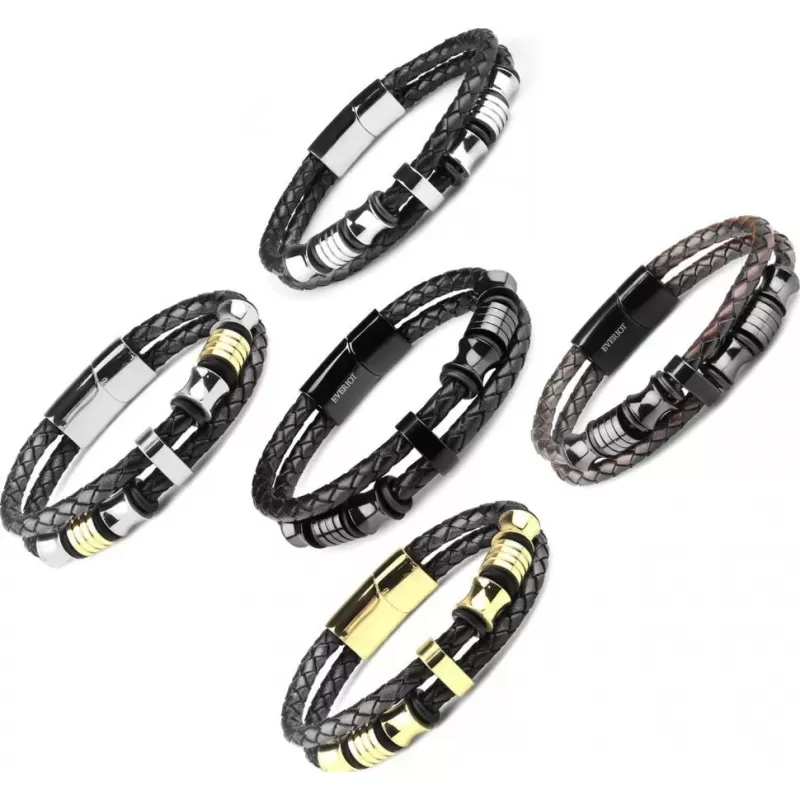 Мужской кожаный браслет Everiot Select LNS-5028 с застежкой и шармами из стали