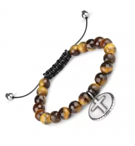 Мужской браслет Шамбала Everiot Select LNS-0238-ST из камня тигровый глаз с подвеской и крестом