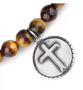 Мужской браслет Шамбала Everiot Select LNS-0238-ST из камня тигровый глаз с подвеской и крестом